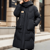 Lange Daunenjacke Für Damen | Gefütterte Pufferjacke Mit Kapuze – Schwarz