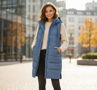Petra | Damen Ärmellose Lange Kapuze Daunenjacke – Blau