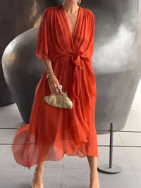 Monica™ | Luftiges Sommerkleid aus Chiffon mit tiefer V-Linie – Orange
