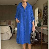Lissabon™ Kleid aus Baumwoll-Leinen mit tailliertem Kragen / Das Couture-Kleidungsstück für die moderne Frau! – Blau