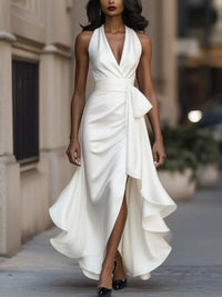 Raphaela | Damen Neckholder Wickel Abendkleid – Weiß