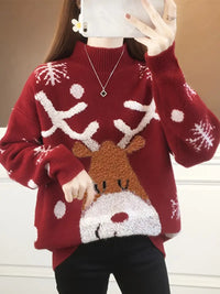 Pavenkaya | Weihnachts-Hirsch & Schneeflocken-Muster Pullover - lässig langärmelig – Rot