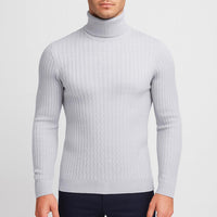Rehbar | Herren Klassischer Zopfmuster Rollkragenpullover – Hellgrau
