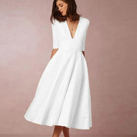 Jana | Damen Midi Kleid V-Ausschnitt 3/4-Ärmel Taschen – A-Linie Midi Kleid 2026 – Weiß