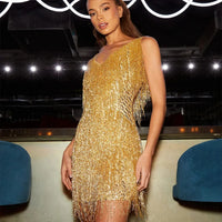 Ronja | Fransenkleid mit V-Ausschnitt Minikleid – Gold