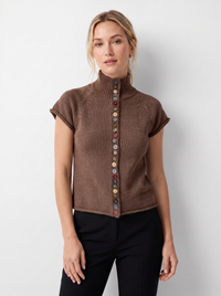 Rosa | Damen Kurzärmlige Stehkragen Strickoberteil – Braun