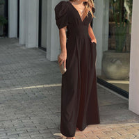 Roswitha | Damen V-Ausschnitt Puffärmel Jumpsuit – Braun