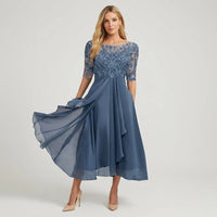 Ella | Damen Festliches Spitzen Midikleid – Blau