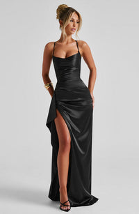 Sandra | Damen Langes Satin Abendkleid – Schwarz