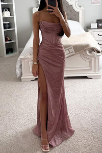 Serena | Pailletten Korsett Abendkleid mit Schlitz – Rosa