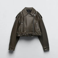 Renate | Damen Cropped Leder-Bikerjacke – Grün
