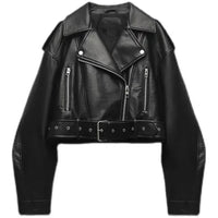 Damen Cropped Biker Lederjacke – Schwarz