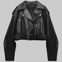 Renate | Damen Cropped Leder-Bikerjacke – Schwarz