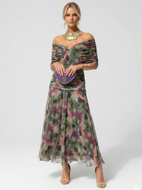 Sophie | Leichtes Elegantes Blumen Midikleid – Grünes Blumenmuster mit Lila