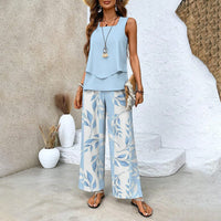 Lea™ Modische Zweiteilige Damen-Outfits mit bedrucktem ärmellosen Oberteil & Hose – Blau