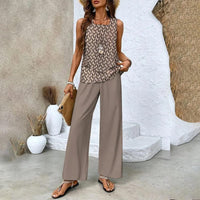 Lea™ Modische Zweiteilige Damen-Outfits mit bedrucktem ärmellosen Oberteil & Hose – Camel