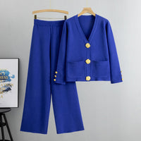 Lieselotte | Damen-Set Knopf-Pullover & Weitbein-Hose – Blau