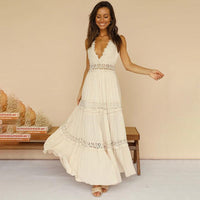 EMINE - LANGES KLEID MIT V-AUSSCHNITT – Beige