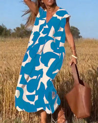 V-Neck Print Dress – Blau