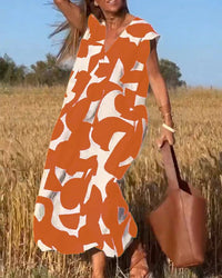 V-Neck Print Dress – Orange