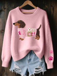 Naoni – Strickpullover mit Dackelmotiv aus Wollfilz – Rosa