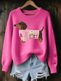 Naoni – Strickpullover mit Dackelmotiv aus Wollfilz – Dunkelrosa