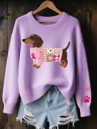 Naoni – Strickpullover mit Dackelmotiv aus Wollfilz – Lila
