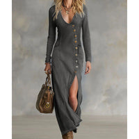 Langärmliges Maxikleid mit V-Ausschnitt für Damen – Elegant, Bequem & Figurbetont – Schwarz