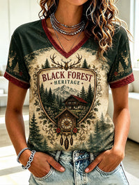 Damen-T-Shirt aus Deutschland im Schwarzwald-Stil mit V-Ausschnitt und Vintage-Print – als bild
