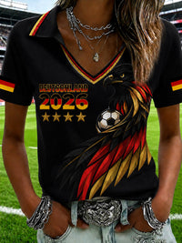 Damen-T-Shirt mit V-Ausschnitt und deutschem Fußballfan-Print – Schwarz