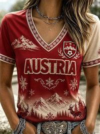 Damen-T-Shirt mit Fußballmotiv aus Österreich, lässiger V-Ausschnitt – Weinrot