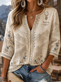 Damen-Top mit lässigem Edelweiß-Flaggen-Print – Aprikose