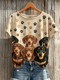 Damen schöne Dackel Hunde & Pfoten Prints Muster Print Kurzarm T-Shirt – Beige