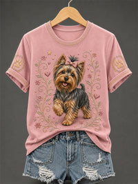 Damen-Retro-T-Shirt mit Blumen- und Hunde-Print, lässig – Rosa