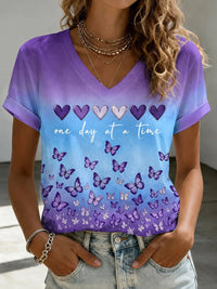 Damen-T-Shirt mit Aufdruck zur Sensibilisierung für die Alzheimer-Krankheit, V-Ausschnitt – Lila