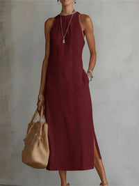 Damen-elegantes, schlichtes ärmelloses Leinen-Maxikleid mit seitlichem Schlitz – Weinrot