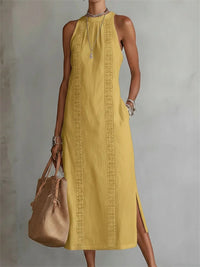 Damen-elegantes, schlichtes ärmelloses Leinen-Maxikleid mit seitlichem Schlitz – Gelb