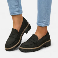 Stefanie | Damen Bequeme Niedrigem Absatz Plateau Loafer – Schwarz
