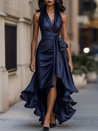 Stephanie | Dramatisches Satin-Maxikleid – Marine