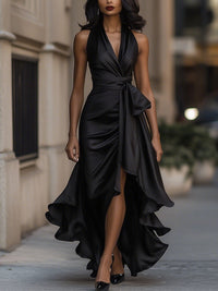 Stephanie | Dramatisches Satin-Maxikleid – Schwarz