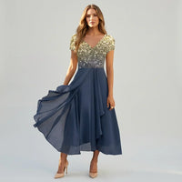 Emma | Damen Elegantes Tailliertes Hochzeitsgast Maxikleid – Blau