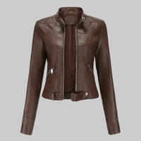 Lara | Damen Casual Gürtel Bikerlederjacke – Dunkel Braun