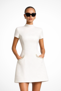 Thea | Damen Perlenbesatz Minikleid – Weiß
