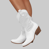Valentina | Damen Perforierte Blockabsatz Cowboystiefel – Weiß