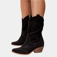 Valentina | Damen Perforierte Blockabsatz Cowboystiefel – Schwarz