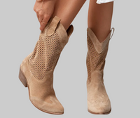 Valentina | Damen Perforierte Blockabsatz Cowboystiefel – Braun