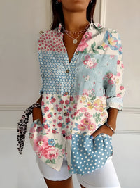 Johanna | Damen Gepunktete Bluse Mit Knopfleiste Und Print – Blau Geblümt