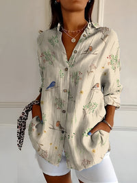 Johanna | Damen Gepunktete Bluse Mit Knopfleiste Und Print – Vögel