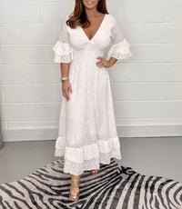Veronica Kleid mit gerafften Ärmeln – Weiß
