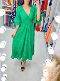 Veronica Kleid mit gerafften Ärmeln – Grün